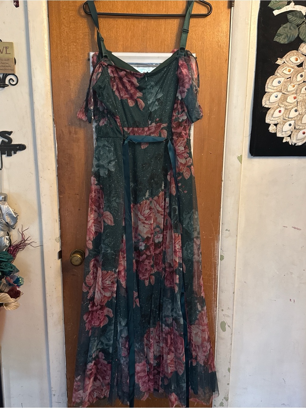 NWT Green Floral Chiffon Maxi Dress with Pink Blooms